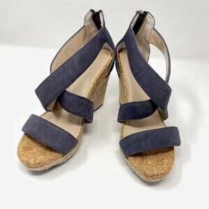 Adrienne Vittadini Leather Espadrille Sandal Womens Sz 8 M Blue Zip Back Wedge